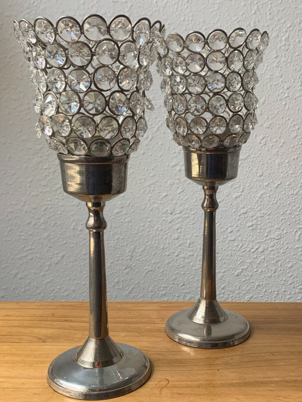 2 Pc Crystal Beaded Candle Holders Silver Tone Metal Pillar Stand Vintage Decor